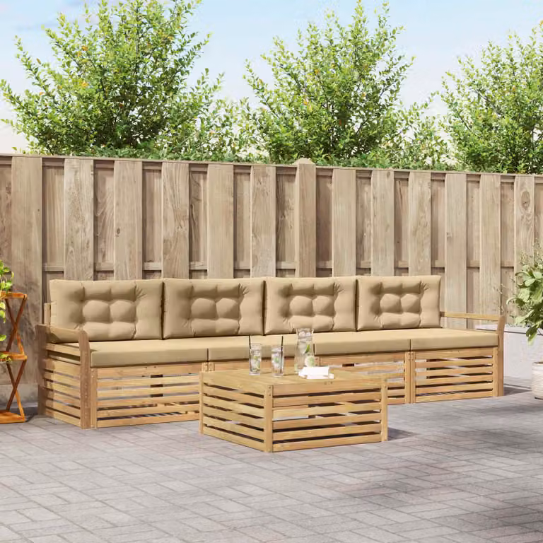 Set di divani da esterno vidaXL in legno di acacia con tavolo da caffè, 5 pezzi, Bianco e Beige