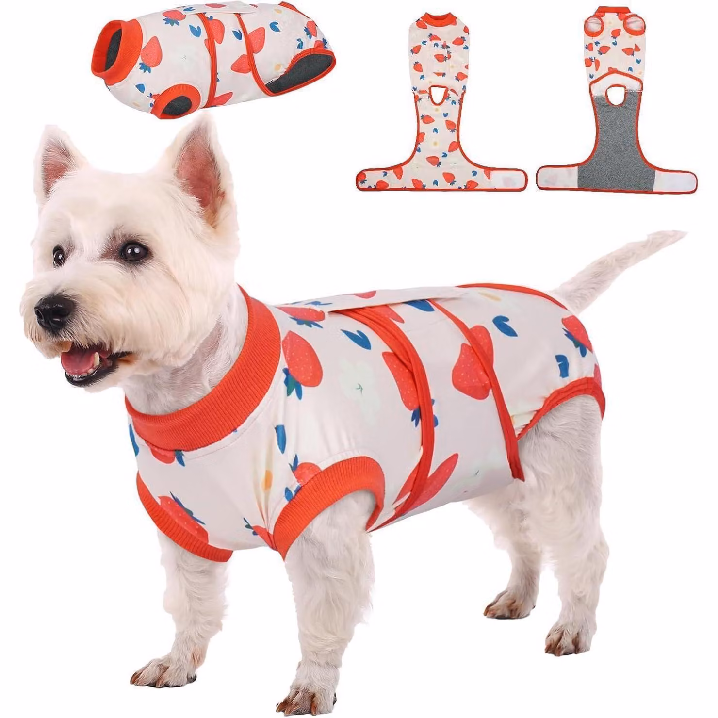 Body per cane, taglia XS, rosso, motivo fragola, traspirante, anti-perdite