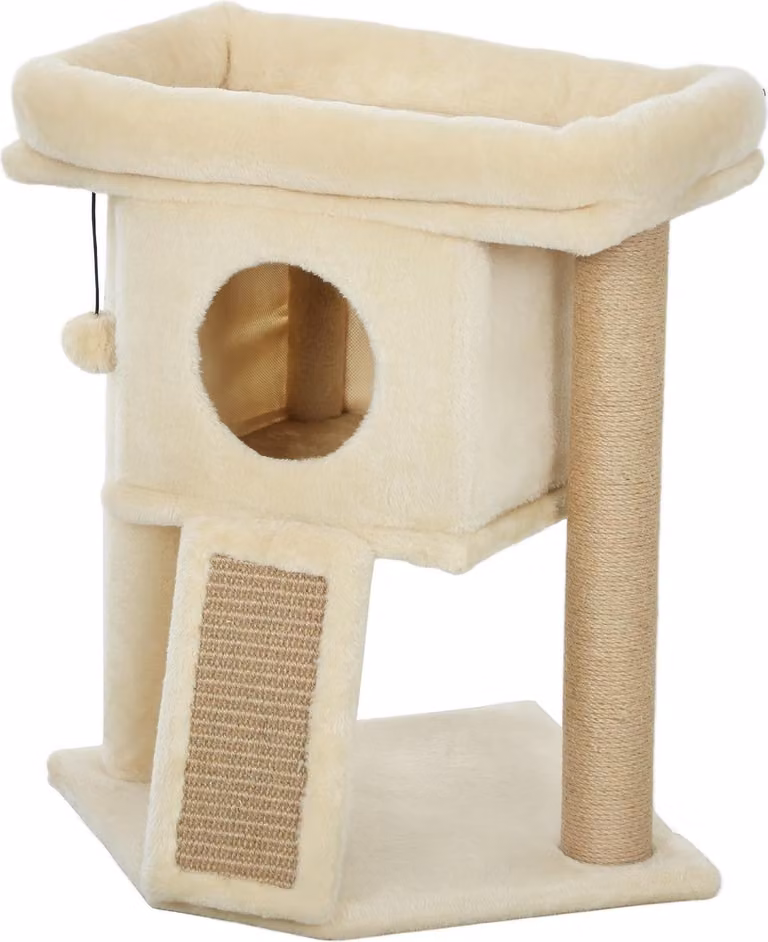 Tiragraffi con tappetino in juta, cuccia, palla giocattolo, beige