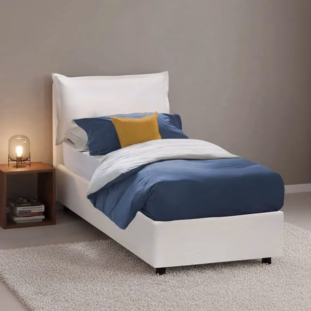 Letto singolo contenitore Adet di Talamo Italia con rivestimento in ecopelle bianca, adatto per materasso 90x190 cm
