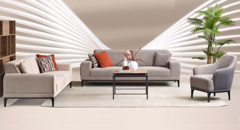 Garnitur Dreisitzer Zweisitzer Sessel Sofa Stoff Grau Stoffsofa Set 3+2+1