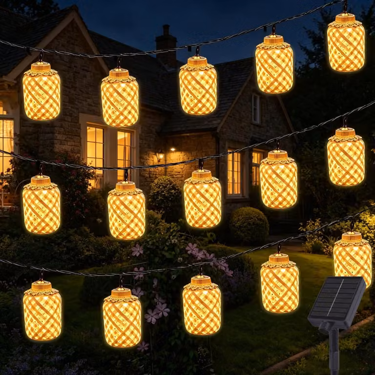 Catena luminosa solare, con 15 lampadine a LED bianco caldo, lunghezza 5 metri, grado di protezione IP65, impermeabile