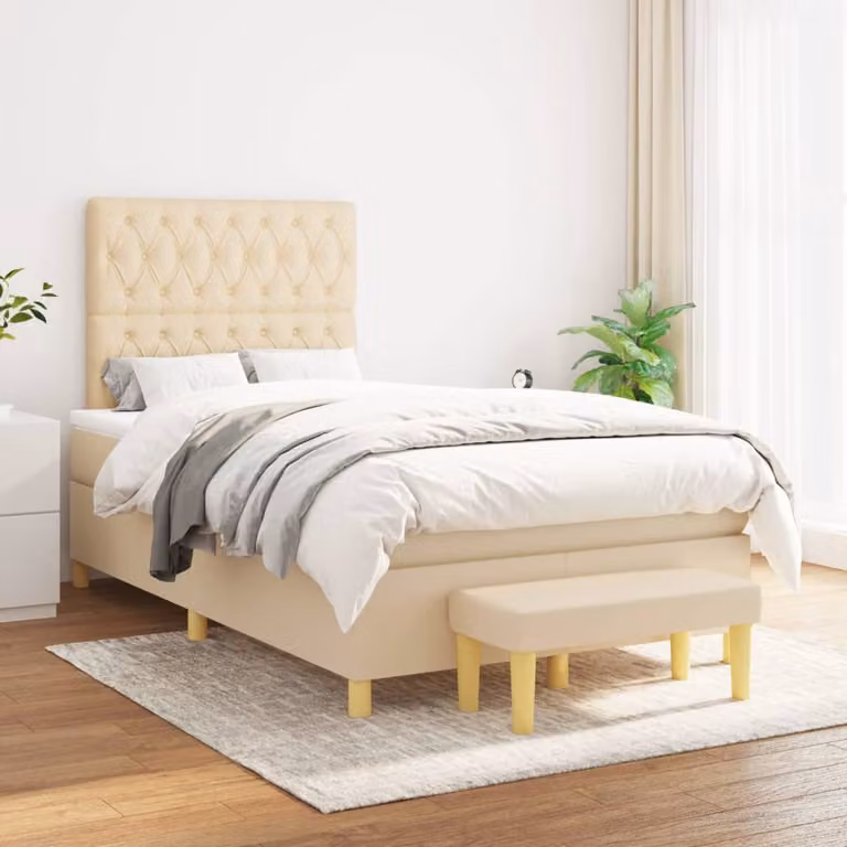 vidaXL Giroletto a Molle Ibrido con Materasso in Tessuto Beige e Bianco L/P/H: 120 x 200 x 128 cm