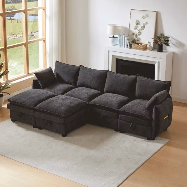 Divano Modulare a U Minimal con Contenitore e Poggiapiedi in Chenille Grigio e Legno Massello