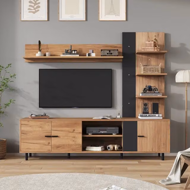 Parede TV 187,5x40x167 cm con vetrina, mensola TV e 3 armadi, ripiani aperti, per TV fino a 80'', colore legno + nero