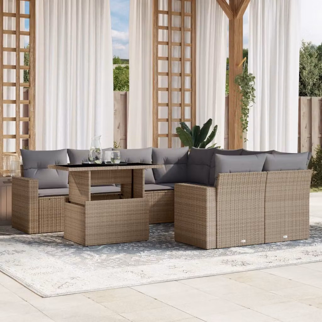 vidaXL Set Divano da Giardino 9 pz in Polyrattan Beige con Cuscini e Tavolino – 1