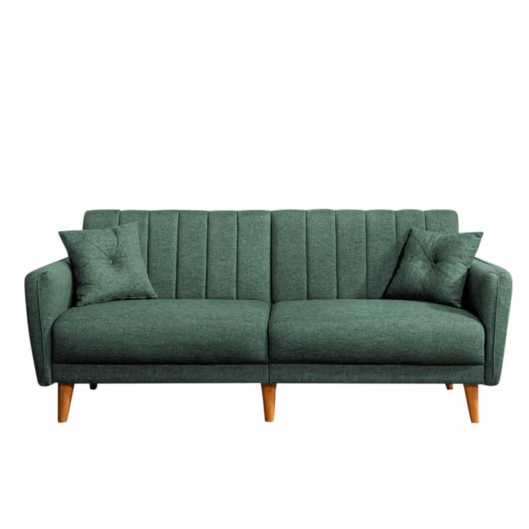 Calicosy - Divano letto 3 posti in lino con 2 cuscini e gambe in legno L210 cm - AQUA