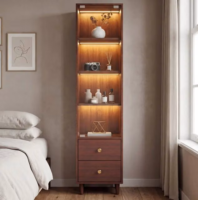 Vetrina alta ULEVR con illuminazione LED, anta in vetro, 4 livelli e 2 cassetti, marrone