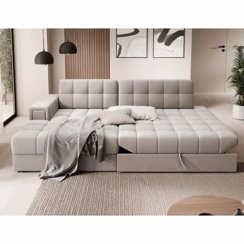 Divano angolare trasformabile MEUBLORAMA beige con funzione letto e vano contenitore, design moderno L-shape – 2