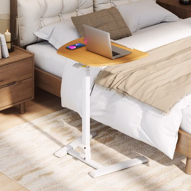 Scrivania regolabile in altezza e inclinabile con ruote Costway, tavolino pieghevole per laptop in legno beige e bianco per casa e ufficio