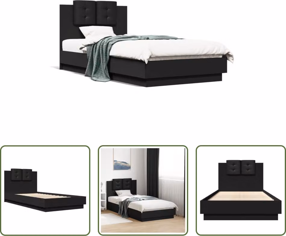 The Living Store Struttura letto con testiera nera 75x190 cm in materiale ligneo