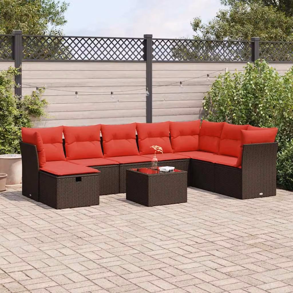 Set Divani da Giardino vidaXL 9 Pezzi a Forma di L con Cuscini e Tavolino, Polyrattan Marrone e Rosso