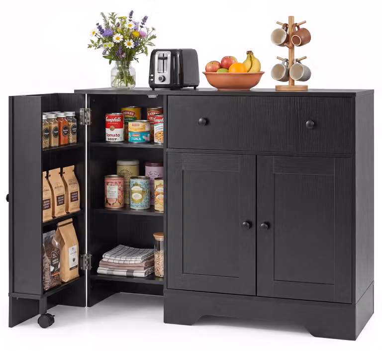 Mobiletto da cucina COSTWAY, credenza su ruote, mobiletto buffet con cassetto, ripiano, 2 ante e piano di lavoro, mobiletto contenitore, 105x40x83 cm, nero