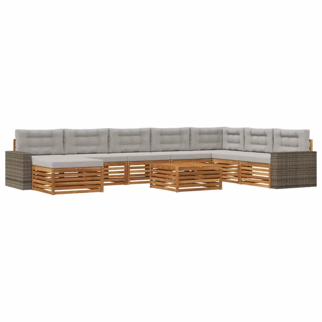 Set di divani da esterno a forma di U vidaXL in legno di acacia con tavolino e pouf, 9 pezzi, Marrone e Grigio – 2
