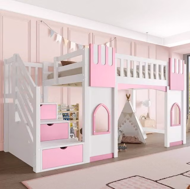 Letto a soppalco 90x200 cm bianco e rosa – scala contenitore, senza materasso