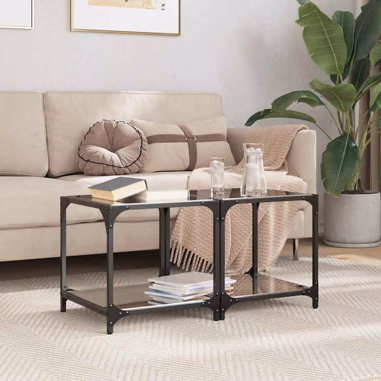 Set di 2 tavolini da salotto moderni vidaXL con piano in vetro nero e struttura in acciaio, L/P/H: 40 x 40 x 40 cm
