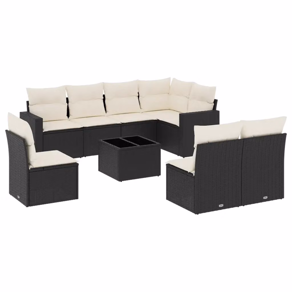 vidaXL Set Divani da Giardino a L 9 pz con Tavolino in Vetro e Cuscini Bianchi e Neri – 2