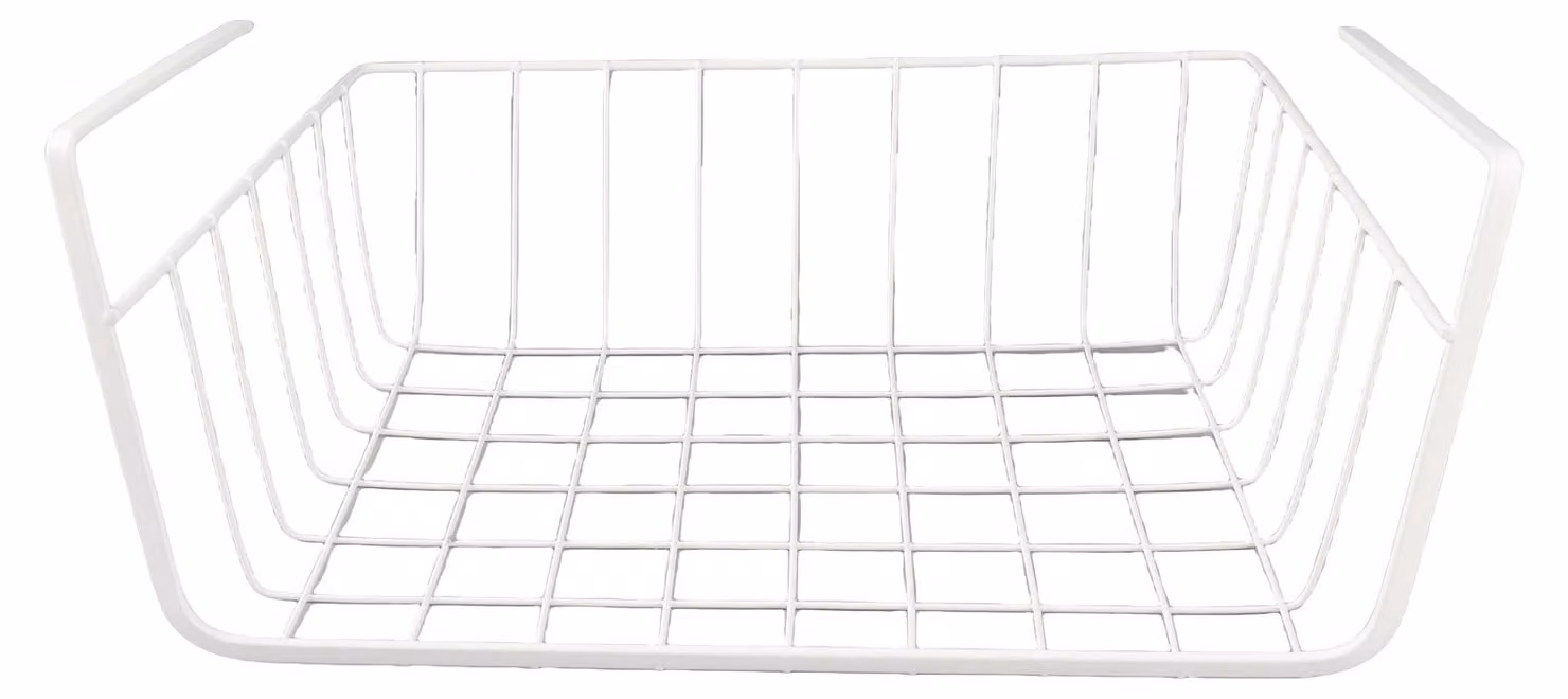Cestello portaoggetti da riporre sotto gli scaffali, multiuso in filo metallico per cucina, ufficio, dispensa, scrivania, libreria, L, bianco