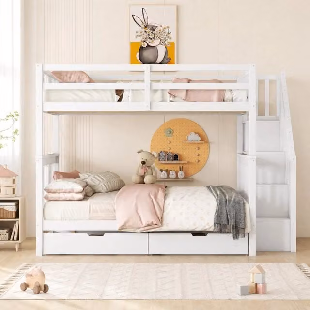 Letto a castello ULEVR 140x200 cm con scala contenitore, 2 cassetti e alte sponde, bianco
