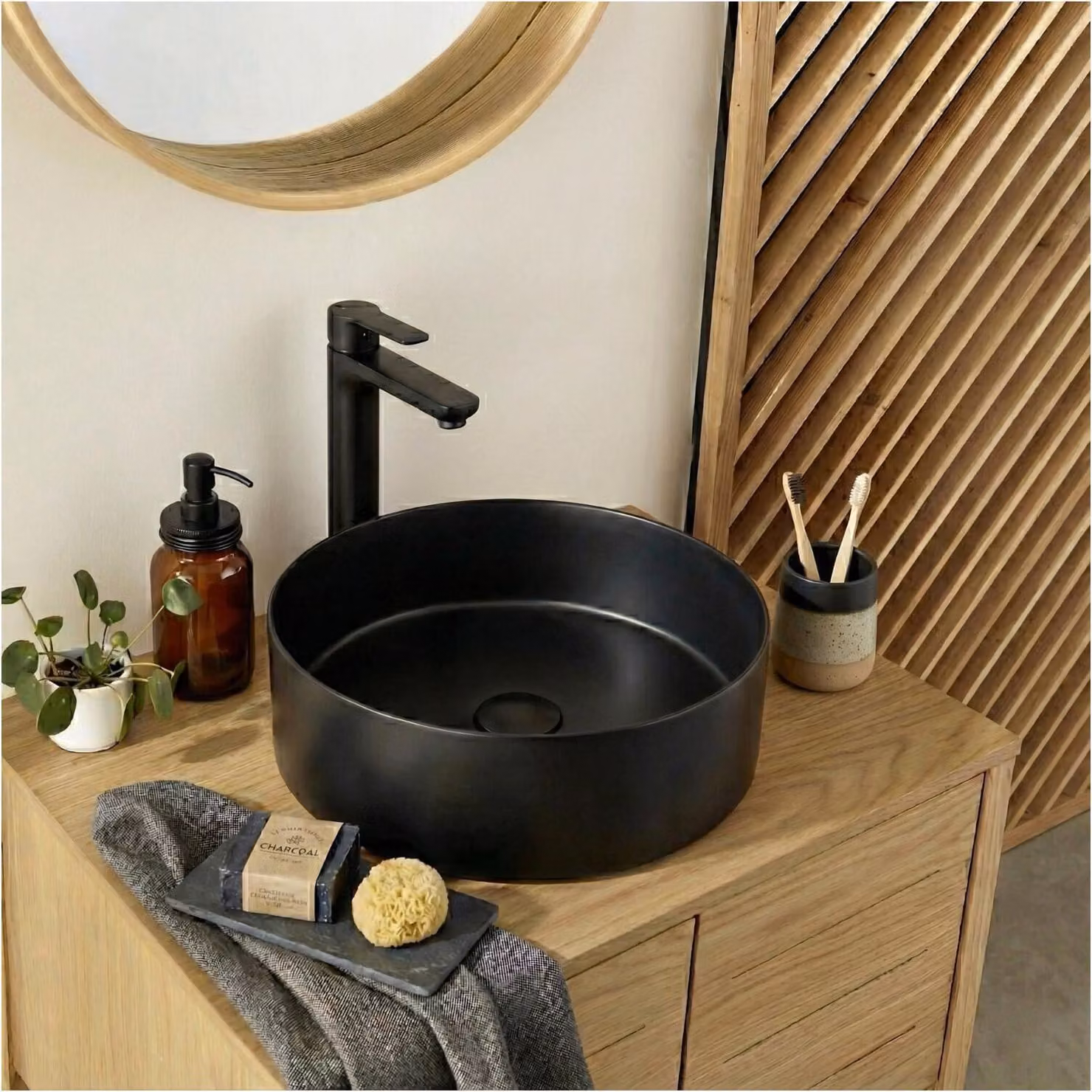 Lavabo da appoggio rotondo in acciaio inox nero, 36 cm, con piletta di scarico abbinata