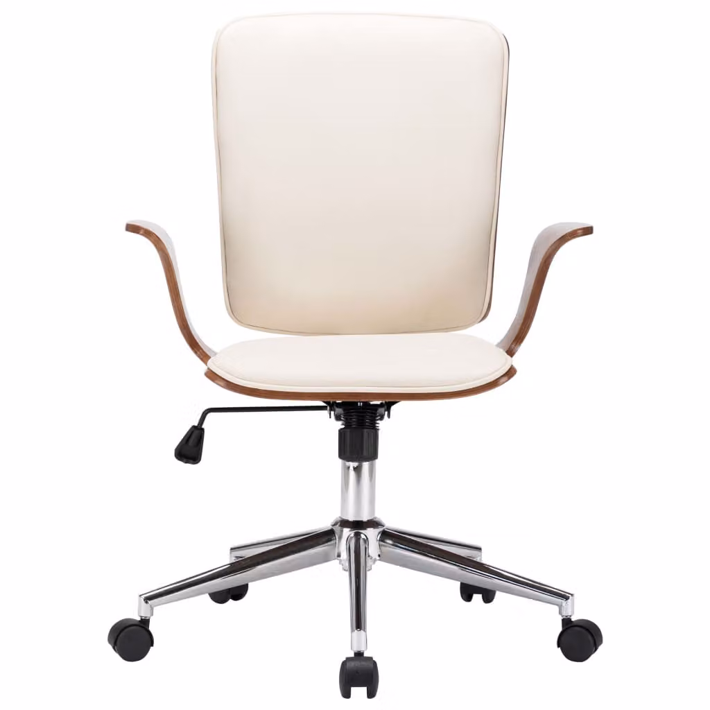 Sedia girevole da ufficio in ecopelle crema e legno curvato