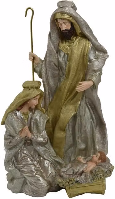 Natività Vacchetti in resina bianco oro per decorazione natalizia L: 24,5 cm, P: 19,5 cm, H: 39,5 cm