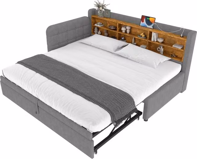 Letto Singolo a Divanetto in Lino Grigio con Mensole e Porte USB e Type-C L/P/H: 207 x 90 x 101,5 cm