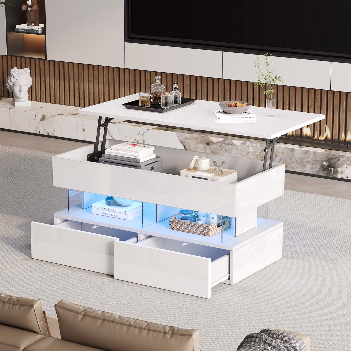 Tavolino Sweiko, 100x50x46 cm, con altezza regolabile – Tavolino da divano con piano regolabile, spazio di stoccaggio nascosto e illuminazione LED, tavolino di design laccato lucido