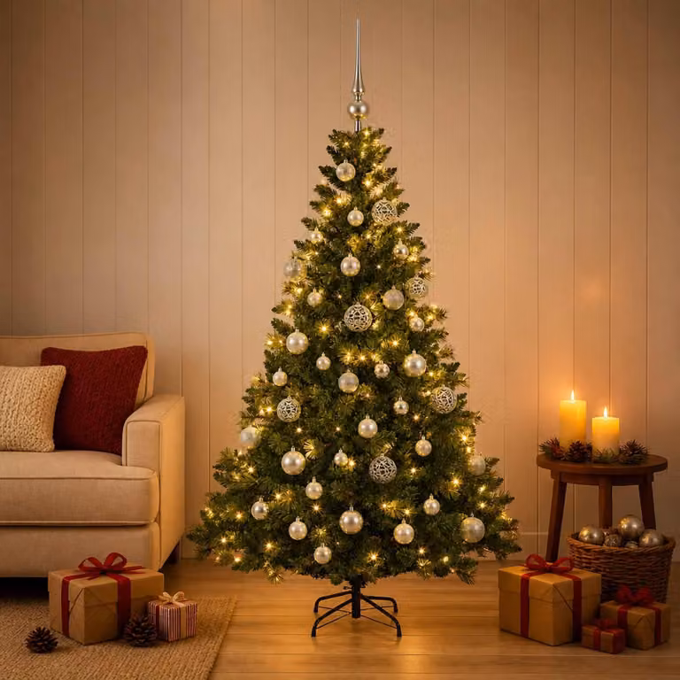 Albero di Natale artificiale con decorazioni a sfera, altezza 120 cm, 150 luci LED
