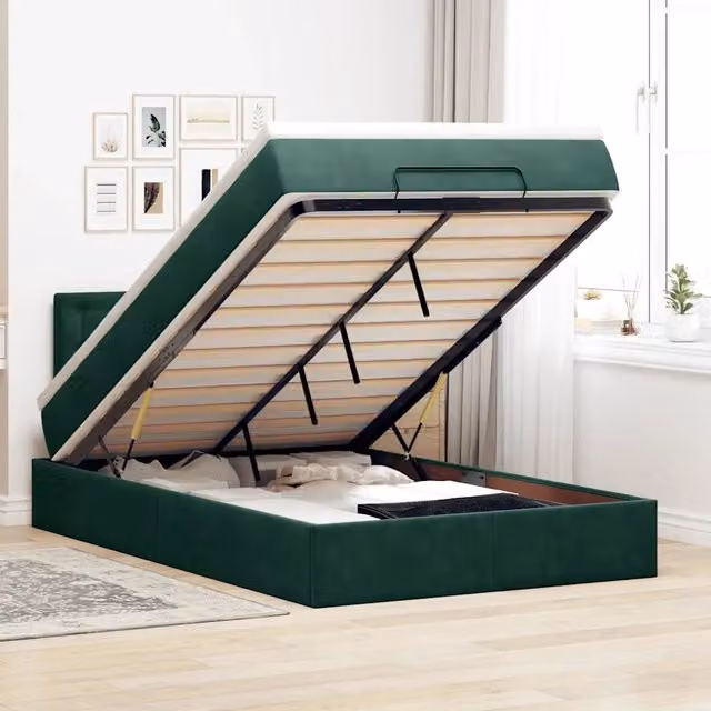Letto con contenitore a sollevamento vidaXL in velluto verde con materasso e porta USB, L/P/H: 203 x 120 x 88 cm – 1