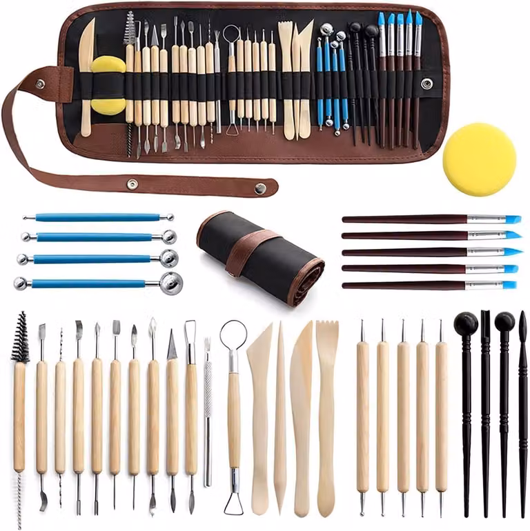 Set di strumenti per modellazione di piccole dimensioni, composto da 36 pezzi, con lame doppie, realizzati in acciaio inossidabile con manici in legno, adatti per la modellazione di argilla polimerica e pasta modellabile