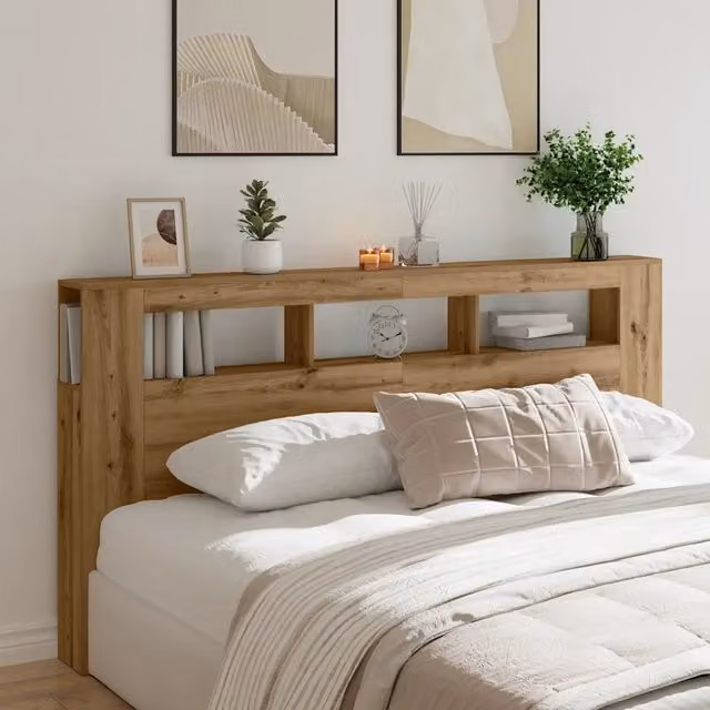 Testiera con LED e porta USB vidaXL in Rovere Marrone, con mensola integrata e illuminazione per camera da letto, L 200 x P 18,5 x H 103,5 cm