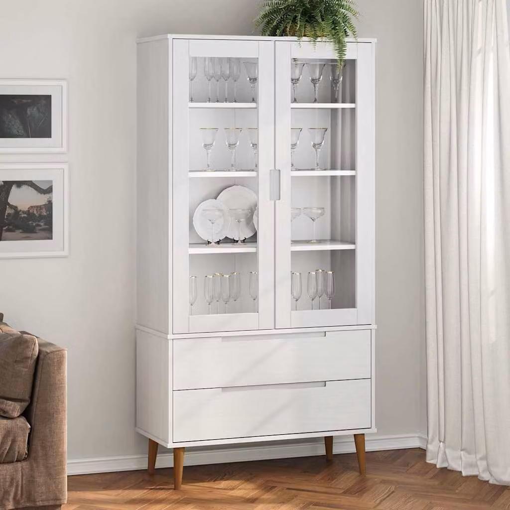 Vetrina vidaXL MOLDE bianca in legno massello di pino con ante in vetro L: 90 cm, P: 35 cm, H: 175 cm