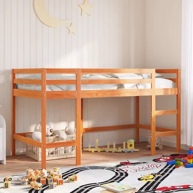 Letto Soppalco con Scala Bambini Marrone 80x200cm Massello Pino 852397