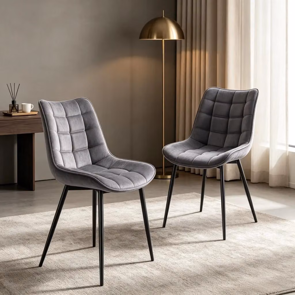Set di 2 sedie da pranzo Mivray in velluto grigio con gambe in metallo e legno e schienale imbottito L: 46,5 cm, P: 46 cm, H: 85,5 cm – 2
