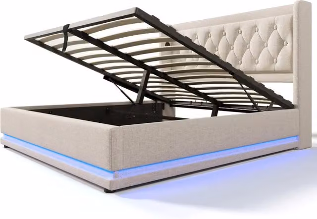 Letto Matrimoniale Beige 140x200 cm in Cotone con Contenitore Idraulico, Testiera Imbottita con Caricatore USB Tipo-C e Illuminazione LED 3 Lati (Con Materasso)