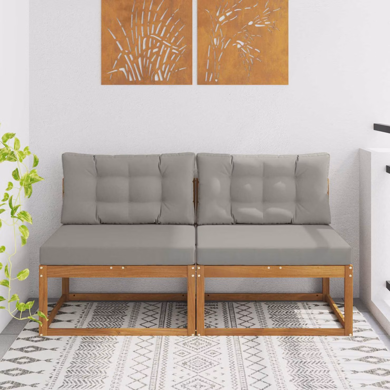 Set di 2 divani centrali da esterno vidaXL in legno di acacia con cuscini in schiuma, colore marrone e grigio
