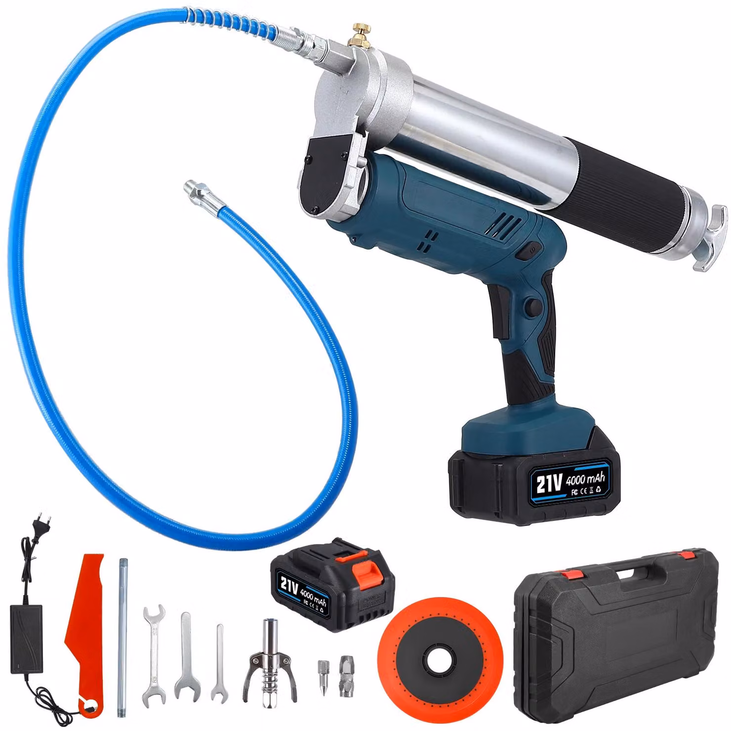 Pressa per grasso elettrica - Pistola per lubrificazione a batteria - Motore brushless - Capacità: 600 ml - Pressione: 600–12000 PSI - 2 batterie da 4,0 Ah - Colore: nero