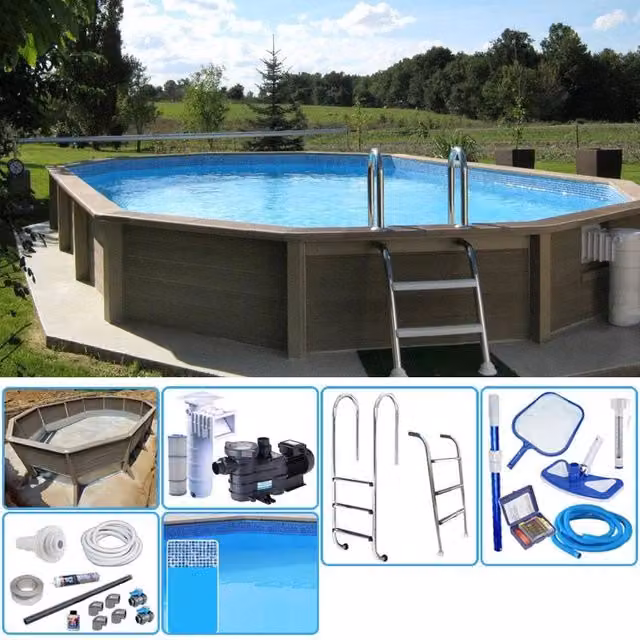 Piscina interrata ovale NATURALIS in pietra ricostruita effetto legno, L: 7,75 m, P: 4,72 m, H: 1,28 m, con filtrazione a cartuccia, colori blu e marrone