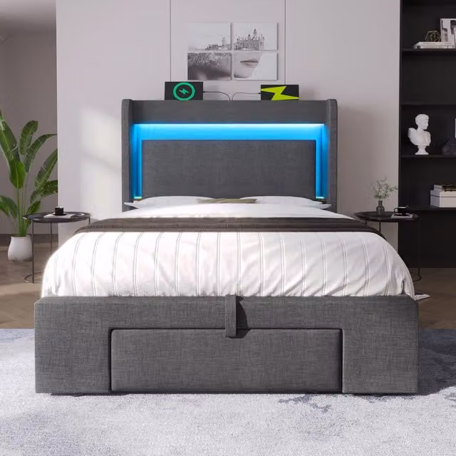 Letto imbottito REDOM grigio con illuminazione LED, porte USB e USB-C, contenitore a sollevamento e mensola integrata, L/P/H: 219 x 101 x 111 cm (90x200 cm) – 1
