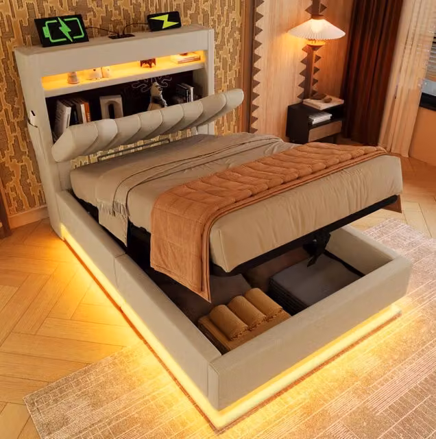 Letto singolo 90x200 cm con contenitore; LED; porte USB e Type-C; beige in lino con materasso