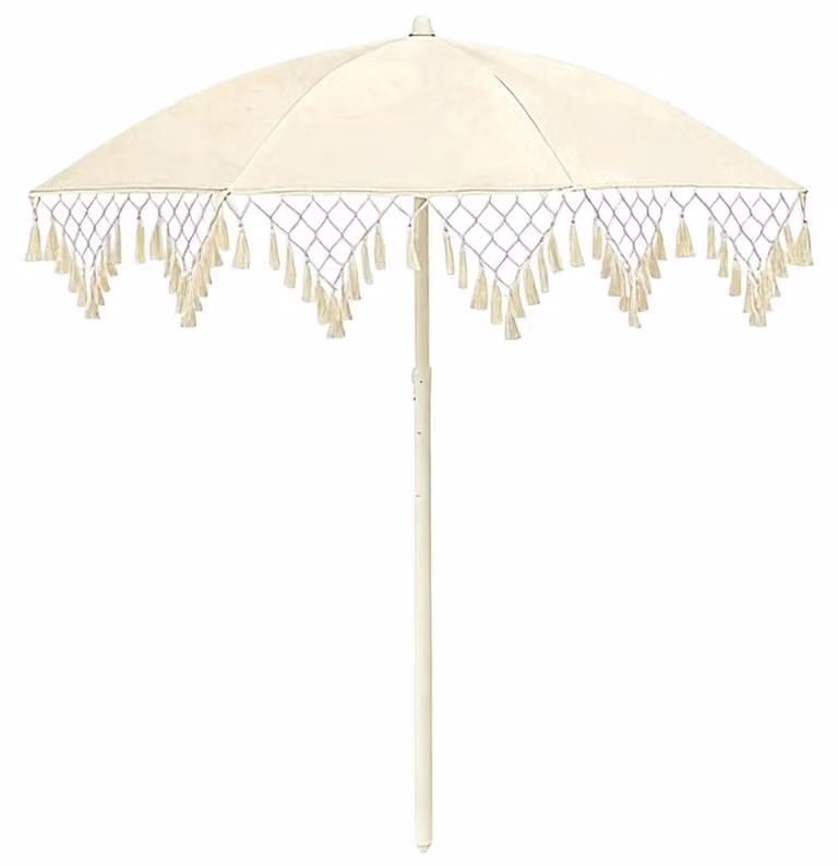 Ombrellone da spiaggia bohémien con frange decorative e protezione UV