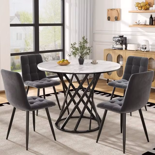 Tavolo da pranzo per 4 persone con 4 sedie in velluto, piano effetto marmo, gambe in metallo, per cucina, 80 cm