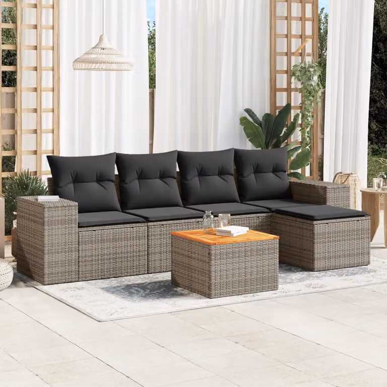 vidaXL Set Divano da Giardino a L 6 pz in Polyrattan Grigio con Cuscini e Ottoman
