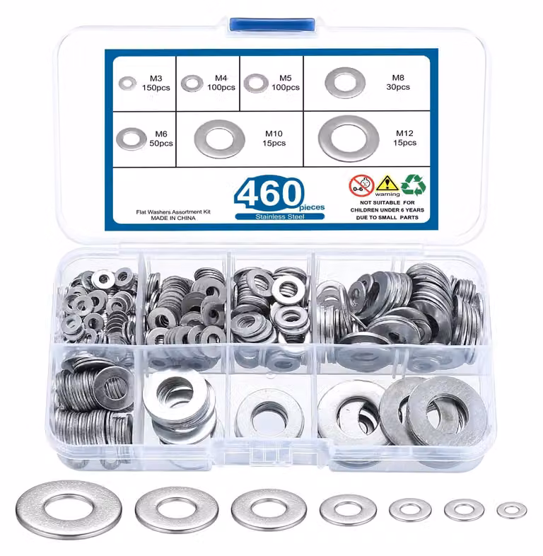 Set di 460 anelli di tenuta, Acciaio al carbonio, anelli di tenuta piatti, assortimento da M3 a M12, distanziatori metallici e rondelle di fissaggio