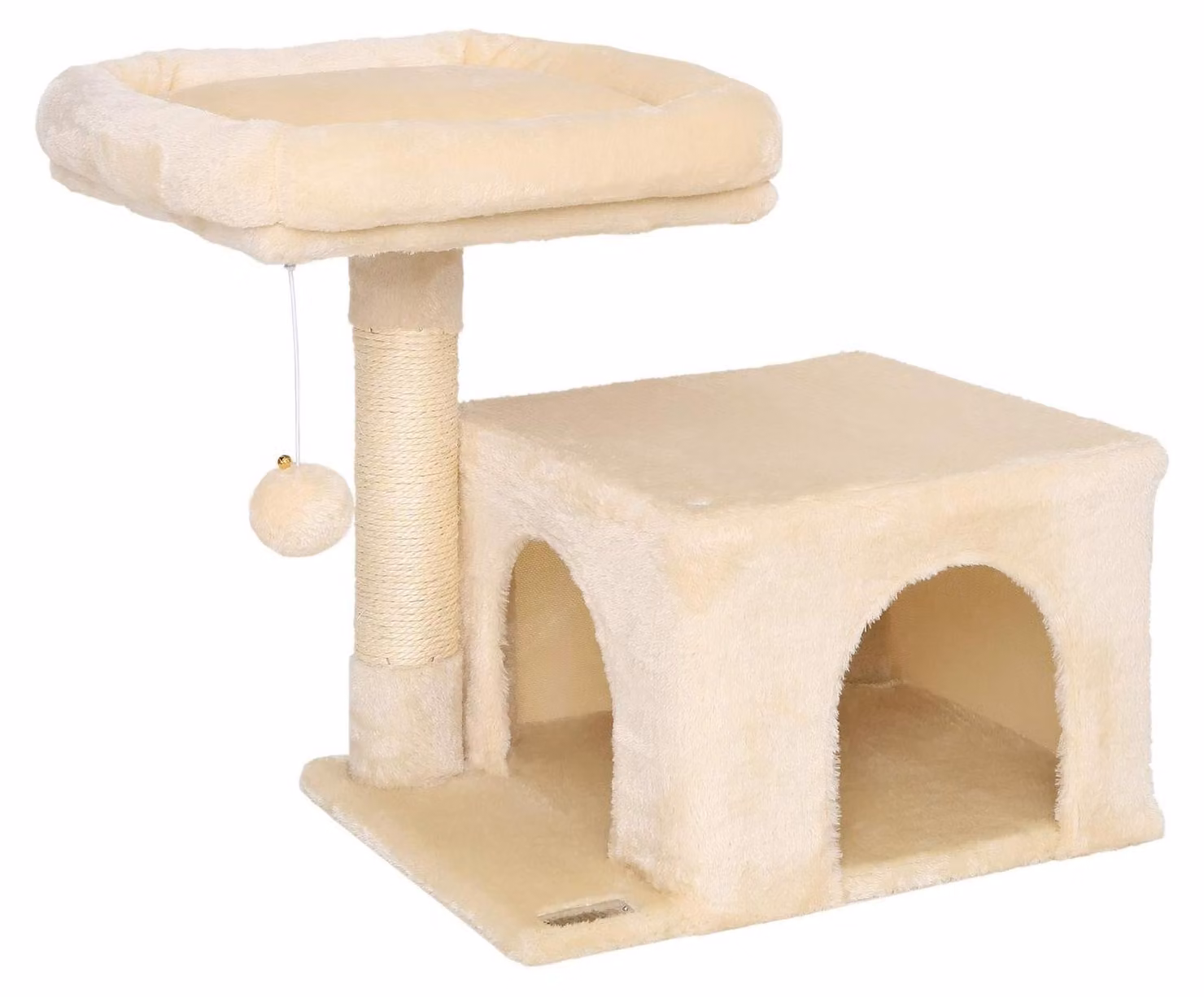 Albero per gatti, altezza 50 cm, con casetta, pallina di peluche, corda di sisal e peluche morbido, color beige