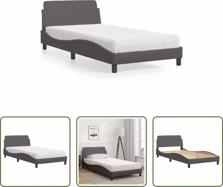 The Living Store Letto con materasso grigio 100x200 cm in ecopelle