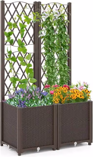Letto da giardino rialzato DESIGN IN con trellis per piante rampicanti in WPC marrone L: 140 cm, P: 80 cm, H: 40 cm