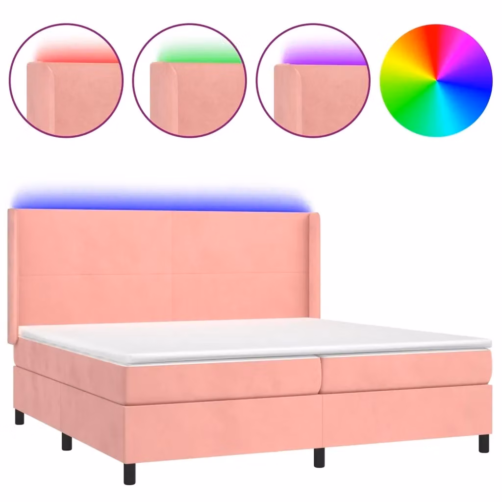 vidaXL Letto a Molle con Materasso e LED Rosa in Velluto con Porte USB L/P/H: 200 x 200 x 76 cm – 2