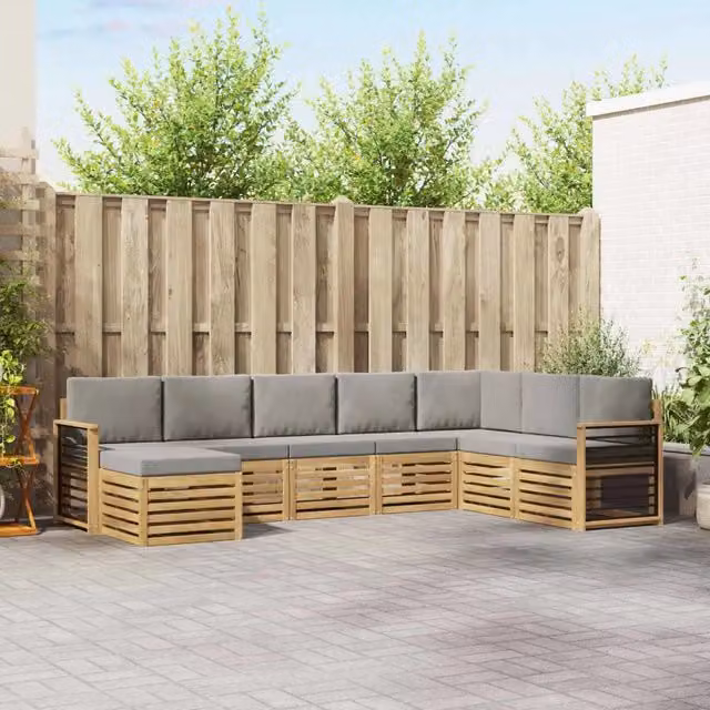 Set di divani da esterno a L vidaXL in legno di acacia con cuscini, bianco e grigio